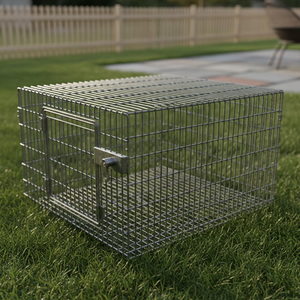 A close-up of a sturdy, humane animal trap made of galvanized steel mesh, positioned at the edge of a neatly kept suburban backyard. The grass is trimmed short and lush green, with a wooden fence and a clean patio subtly blurred in the background. Soft late-afternoon sunlight creates gentle highlights on the metal wires and casts clear but non-threatening shadows. Photographic realism from a low, slightly angled perspective, focusing on the trap’s secure latching mechanism and solid construction. The atmosphere is calm, controlled, and professional, emphasizing responsible animal removal in a tidy residential environment with no animals visible.