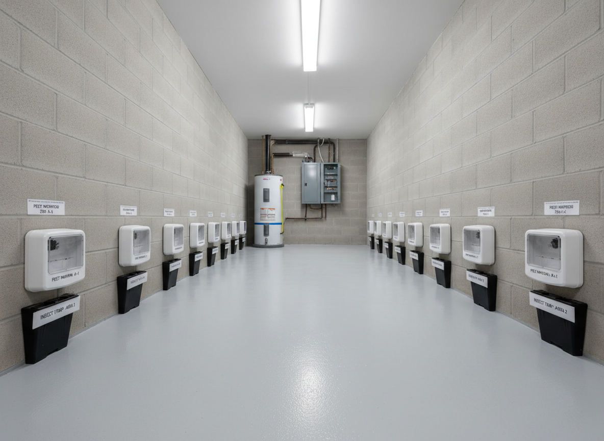 A meticulously maintained basement utility room with a smooth, painted concrete floor and cinderblock walls, where a row of labeled monitoring devices and sealed traps lines the perimeter. A water heater and electrical panel sit in the softly blurred background, emphasizing a real, functional space. Overhead fluorescent lighting provides bright, neutral illumination, with clean, crisp shadows that suggest order rather than harshness. Photographic realism with a slightly wide, eye-level composition, ensuring all key elements are visible and in focus. The atmosphere is methodical and reassuring, showcasing comprehensive pest management in often-neglected areas of a home or building, with no visible pests.