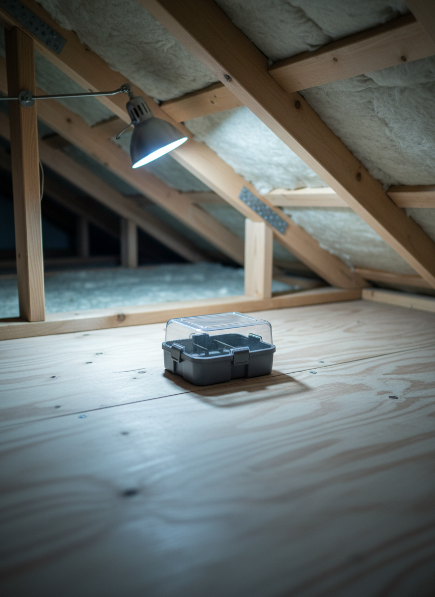 A detailed close-up of a residential attic corner with clean wooden rafters and fresh, pale insulation, where a single, modern rodent trap is strategically placed on a smooth plywood surface. The space is illuminated by soft, cool-toned work light from a clamp lamp, creating precise yet gentle shadows along the beams. Photographic realism with a shallow depth of field, keeping the trap and surrounding wood grain in sharp focus while the rest of the attic fades into a soft blur. The mood is controlled and preventative, suggesting quiet, behind-the-scenes protection from destructive pests, with no animals or droppings present.