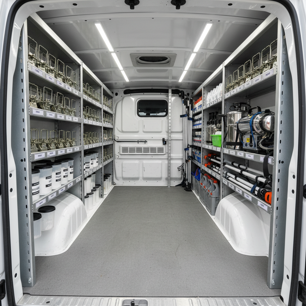An organized pest control utility van interior with shelves lined with clearly labeled metal traps, sealed containers, and professional-grade equipment, all impeccably clean. The van’s white interior panels and rubberized gray floor create a clinical, hygienic feel. Bright, even artificial LED lighting from overhead strips eliminates harsh shadows and reveals every detail. Photographic realism from a slightly elevated, wide-angle view, capturing the full depth of the van and its neatly arranged tools. The mood is efficient and trustworthy, emphasizing preparedness and professionalism for any pest situation, without showing any pests or messy chemicals, just clean, orderly gear.