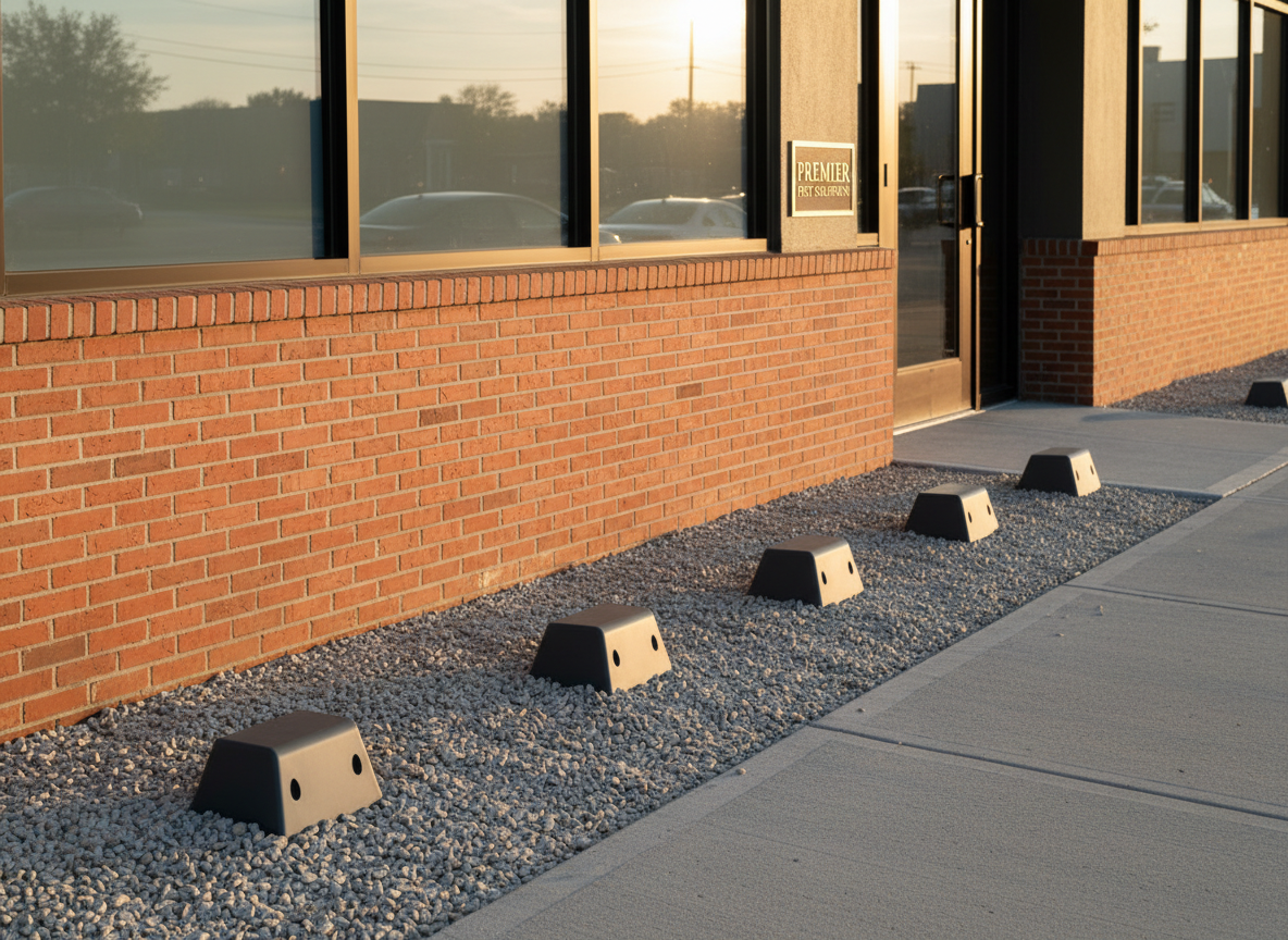 A tidy commercial storefront exterior with a brick foundation and neatly edged gravel strip along the wall, where multiple subtle, low-profile outdoor bait stations are evenly spaced. The brick texture is warm and clean, and the bait stations are a dark, matte gray, blending professionally with the environment. Early morning natural light casts long, soft shadows along the building’s base, highlighting the thoughtful placement of each device. Photographic realism from a side-on, eye-level perspective using the rule of thirds, emphasizing both the building’s façade and the protective line of stations. The mood is proactive and professional, conveying long-term pest prevention for businesses.